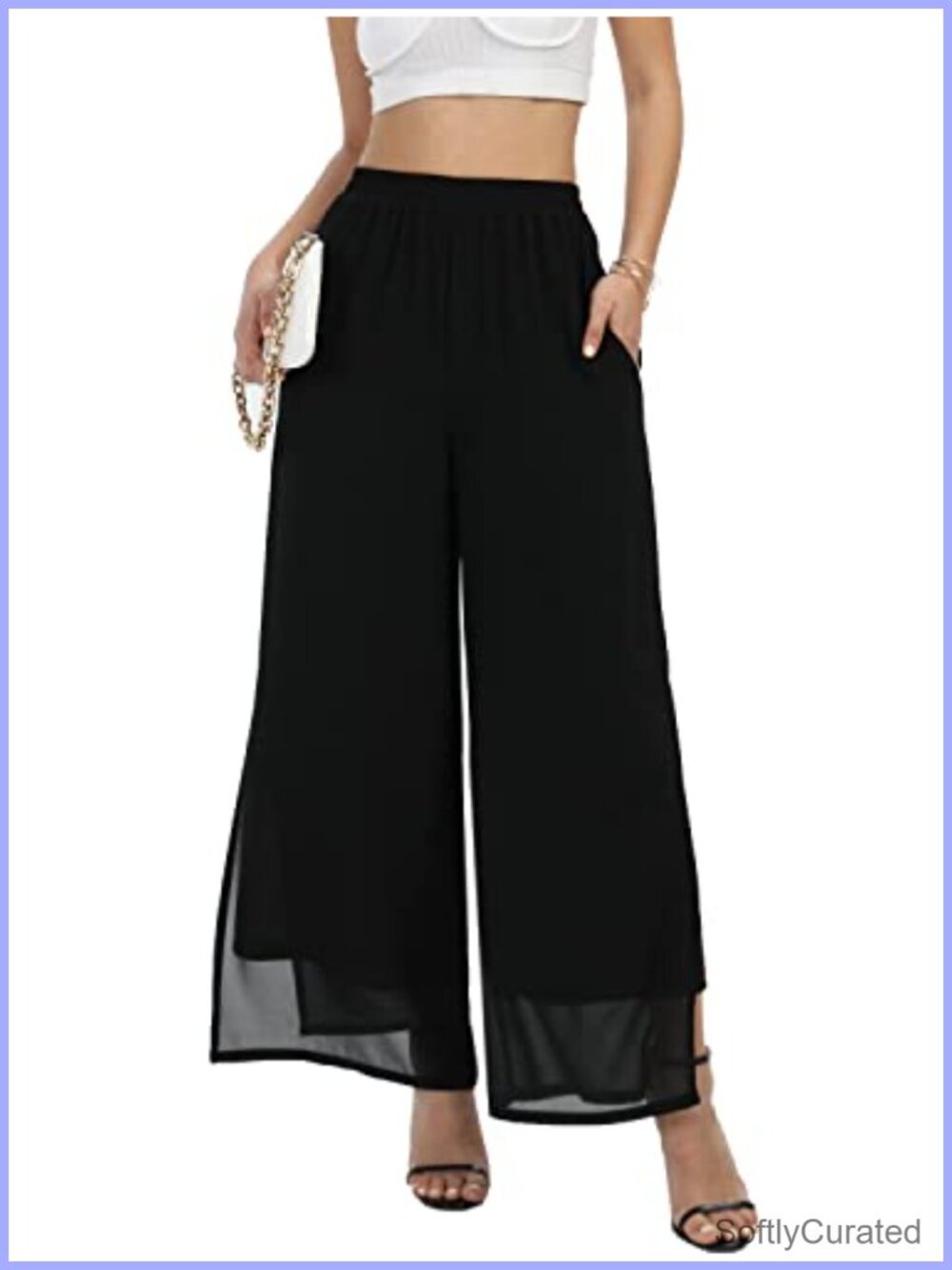 Wide Leg Chiffon Palazzo Pants Split Hem High Waist Pull On Summer Trousers